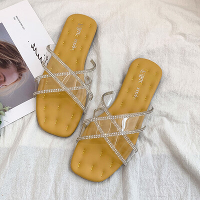 

Internet celebrity cute ins fashion slippers women wear 2019 new summer transparent water drill flat shoes
