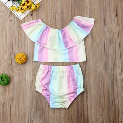 

US Newborn Baby Girls Rainbow Top Ruffle Pants Brief Outfit Sunsuit Clothes Sets