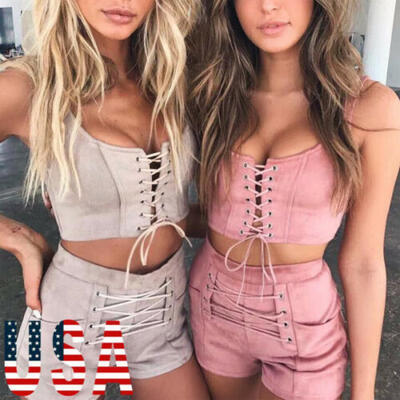 

US Stock Women 2 Pieces Bodycon Stripe Crop Top Short Romper Jumpsuit Summer Set