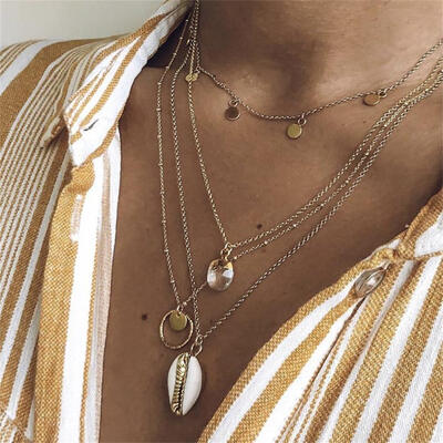 

Female Necklace Vintage Shell Round Pink Crystal Round Multilayer Gold Necklace Set Beautiful Women Party Jewelry Accessories