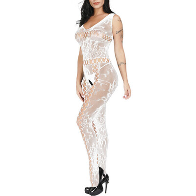 

Women Fishnet Open Crotch See Through Bodysuit Sleeveless Body Stocking Hollowed