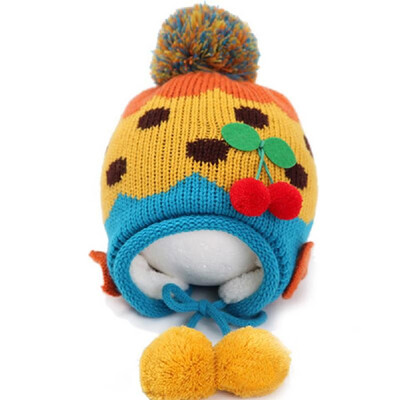 

Baby Kids Knitted Hat Cute Cherry Bowknot Fleece Earflap Hat Children Pompom Cap