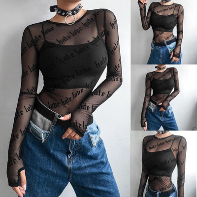 

Nomeni Women Turtleneck Long Sleeve Starry Angle Print Mesh Perspective Short Top