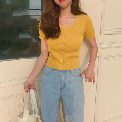 

Square Collar High Waist Lady Short Knit Short-Sleeved Womens Shirt