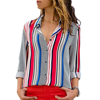 

Women V-neck Chiffon Tops Long Sleeve Tunic Blouse Stripe Shirts Plus Size
