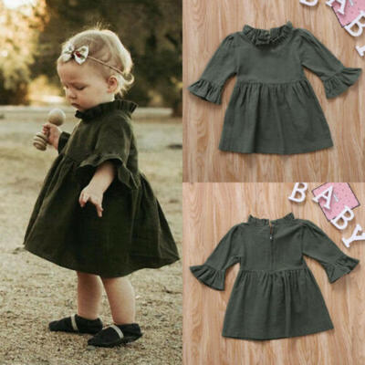 

New Kids Baby Girls Dress Mandarin Sleeve Party Dress Short Sleeve Solid Dresses