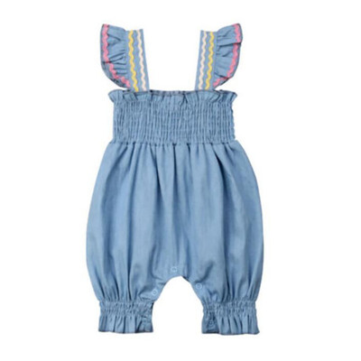 

Cotton Soild Color V-Neck Pullover Summer Casual Fashion Baby Jumpsuit Girls Sleeveless Ribbon Cowboy Rompers Kids Bodysuit
