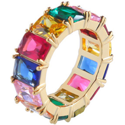 

925 Sterling Silver Iced Out Multicolor Cubic Zircon Round Ring Men Women Hip Hop Cz Jewelry Gifts
