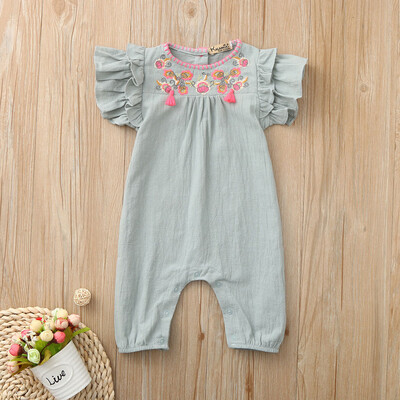 

Newborn Infant Baby Girls Color Solid Embroidery Floral Romper Bodysuit Outfits