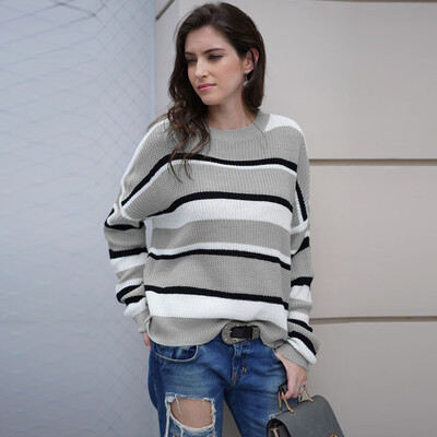 

〖Follure〗Women Pullover Knitted Patchwork Stripe Long Sleeve O-Neck Sweater Top