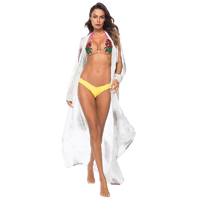 

Fashion Women Leopard Print Chiffon Cardigan Bikini Cover Up Long Sleeve Beach Boho Outwear Maxi Coverups