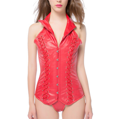 

Toponeto Women Underbust Lapel Leather Waist Trainer Corsets Shapewear Body Shaper