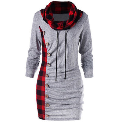 

Women Long Sweatshirts Check Button Knitted Sweatshirt Jumper Dress Ladies Winter Long Pullover Top Plus Size