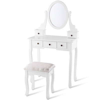 

Dressing Table Set with Oval Mirror Stool&5 Storage Drawers