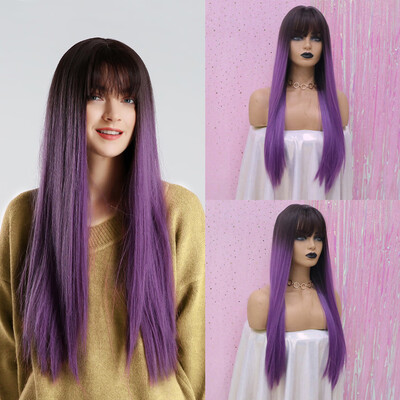

〖Follure〗Heat Resistant Purple Long Curly Hair Synthetic Wig Fashion Long Wavy WigsCap