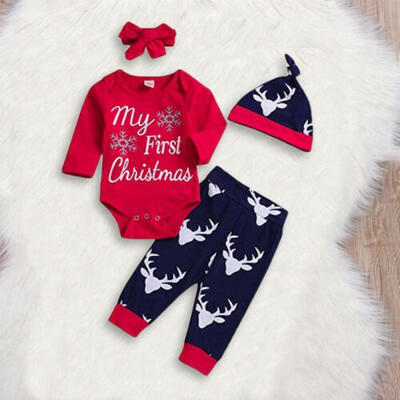 

My First Christmas Baby Boy Girl Romper TopsPantsHatHeadband Clothes Outfits
