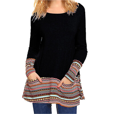 

Nomeni Women Fashion Long Sleeve Pocket Printed Patchwork Blouse Tops Clothes T Shirt