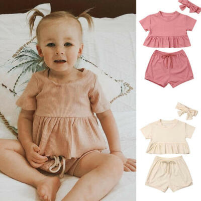 

3PCS Toddler Kid Baby Girl Summer Clothes Ruffles TopsPlain Shorts Set Sunsuit
