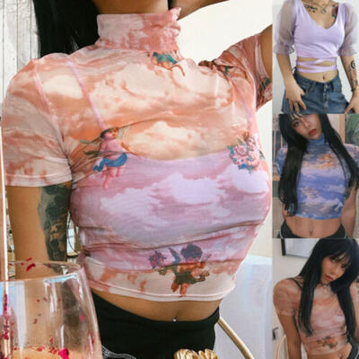 

Women Mesh Sheer See-through Long Sleeve Crop Tops Tee Stretch Bodysuit Shirts