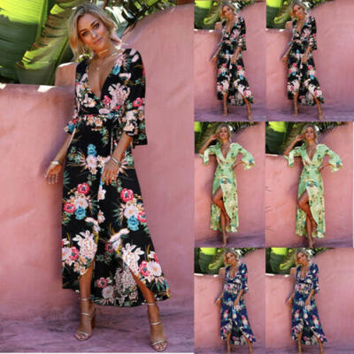 

Women Boho Maxi Dress Beach Floral Long Sundress Summer Evening Party Cocktail