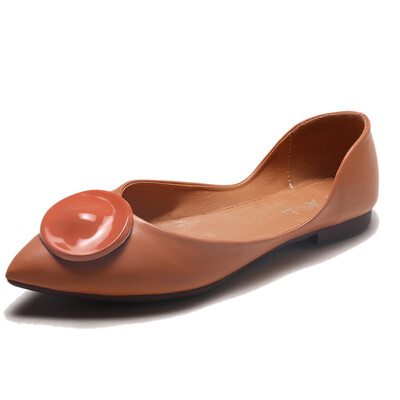 

British Wind Black Leather Shoes Fashionable All-round Metal Button Tip Shallow Soft-soled Flat-soled Shoes