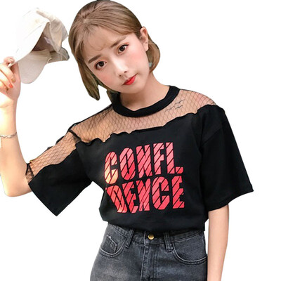 

New Fashion Letter Printed Round Neck Short Sleeve T Shirts Women Sexy Mesh Hollow Out Tshirt Korean Casual Loose Tops Female