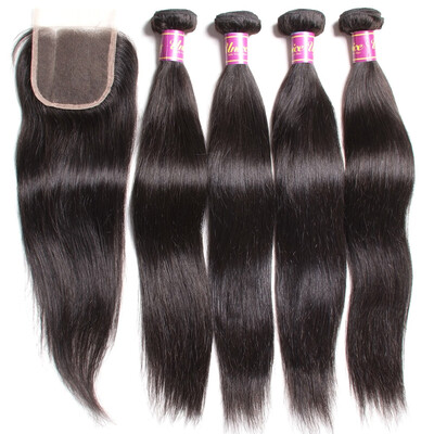 

UNice Brazilian Straight Human Hair 4 Bundles with Lace Closure 44