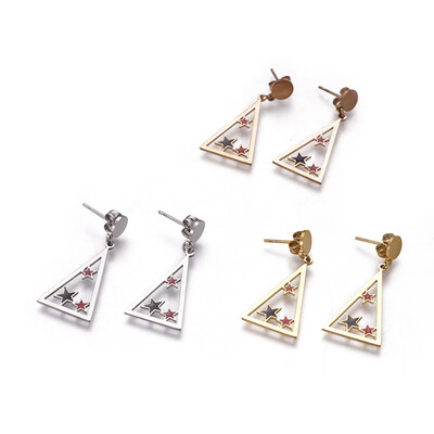 

304 Stainless Steel Dangle Stud Earrings with Enamel Triangle with Star Mixed Color 332mm Pendant 248x15x08mm Pin 07mm