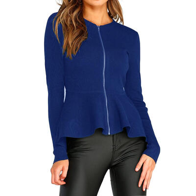 

Solid Color Long Sleeve Tops Round Neck Coats Women Ruffled Tunic Outwear