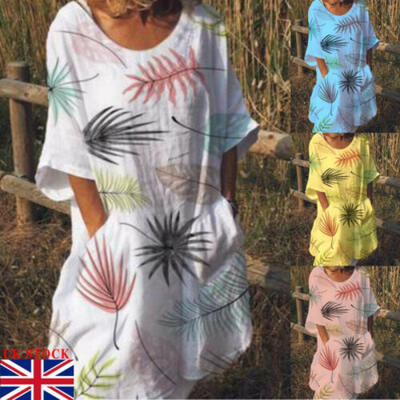 

Ladies Women Summer Vestido Short Sleeve T-shirt Cotton Linen Casual Loose Dress