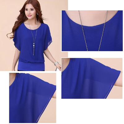 

Chiffon shirt female short-sleeved summer dress large size womens slim bat chiffon shirt new bottoming shirt blue