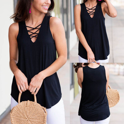 

Starmoon Fashion Women Solid Loose Sleeveless V-Neck Bandage Cross Vest Tank Tops T-Shirt