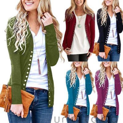 

Womens V-Neck Button Down Knitwear Long Sleeve Soft Basic Knit Snap Cardigan New