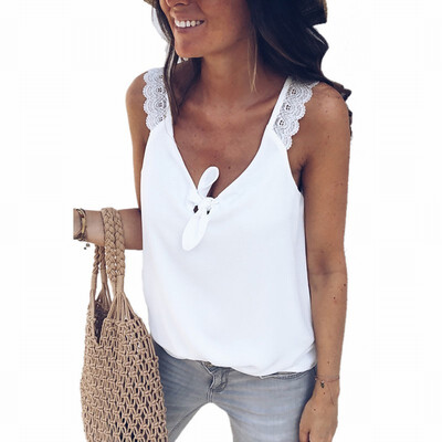 

Solid color base vest womens T-shirt V-neck sleeveless lace top