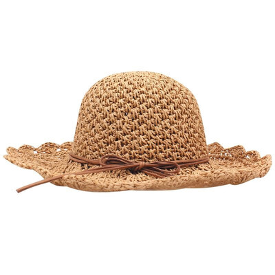 

Summer Women Crochet Straw Hat Wide Brim Bow Sun Beach Cap Holiday Fedora Trilby Hat KhakiBeige