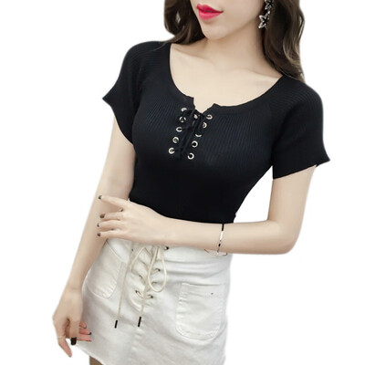 

Summer sweetly solid short sleeved knitted t shirt  women slim tops dropshipping