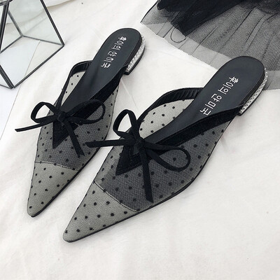 

Spring&summer with lace mueller shoes mesh pointed Baotou flat-bottomed slippers womens shoes