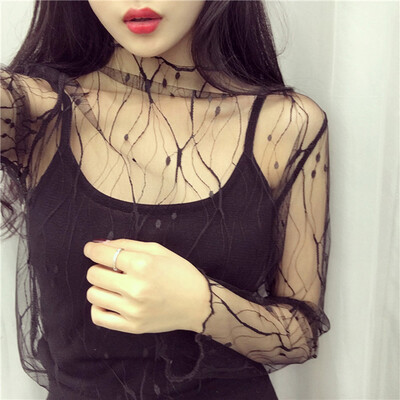 

Sexy Womens Lace Blouses Shirt Mesh See-through Long Sleeve Party Cover Up Tops