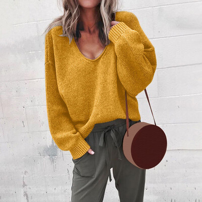 

Womens V-neck Knit Sweater Ladies Long Sleeve Casual Loose Jumper Pullover Tops