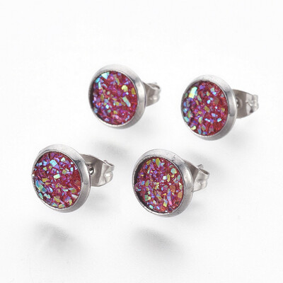 

304 Stainless Steel Stud Earrings with Resin Druzy Flat Round Cerise 14x10mm Pin 08mm
