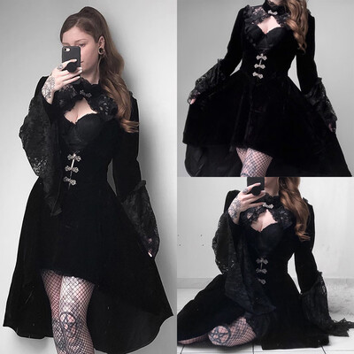 

Tailored Women Fashion Gothic Court V-neck Hollow Out Lace Long Pagoda Sleeve Dress