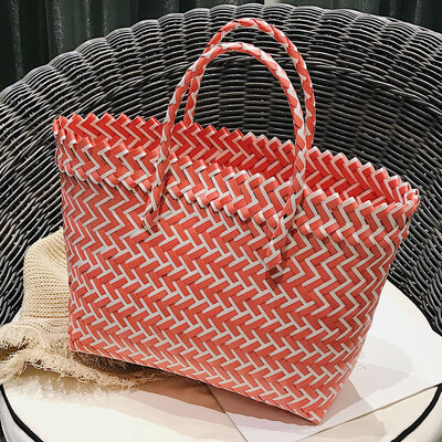 

Tailored Women Weave Beach Bags Shopping Basket Striped Hand Knitted Handbag Totes