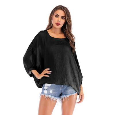 

Casual Loose O Neck Women T-Shirts Solid Color Batwing Sleeve Summer Tees