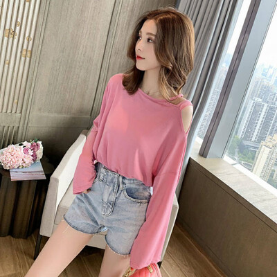 

Autumn New Women T Shirt Sexy Round Collar Sexy Off-shoulder Slim Solid Color Thin Section Long Sleeve T-shirt Tops