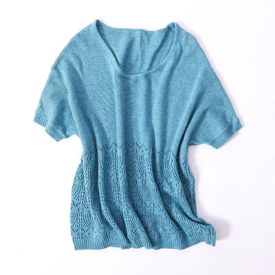 

Solid Color Knitted Tops Women O-neck Short Sleeve Hollow Tees T-shirts