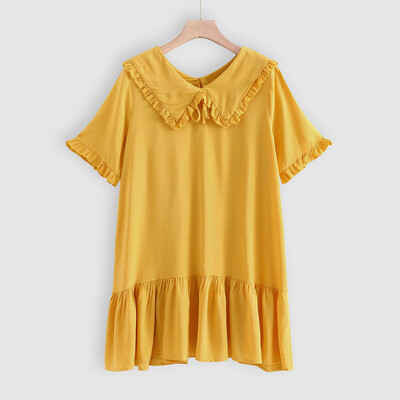 

Tailored Women Ladys Casual Linen Solid Color Elbow Sleeve Elastic Easy Ruffles Dress