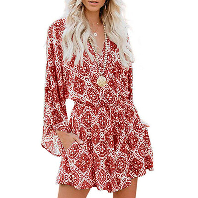 

Starmoon Womens Flare Sleeve V-Neck Print Beach Casual With Pockets Jumpsuit Rompers