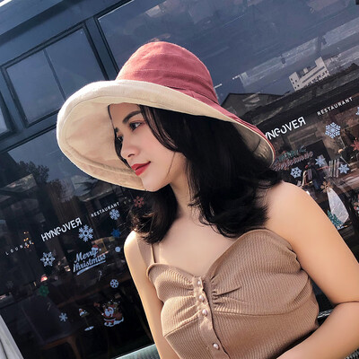 

New eaves sunscreen female hat spring&autumn foldable cotton linen hat double-sided sunshade fisherman hat sun hat