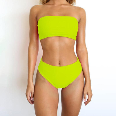 

Women Two Pieces Swimsuit Tube Top Slash Neck Strapless Bikini Set Bathing Swimwear