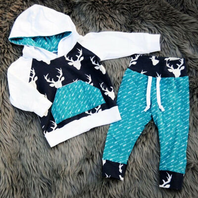 

Xmas Toddler Kids Baby Boys Girls Deer Hooded Tops Pants Outfits Set Clothes